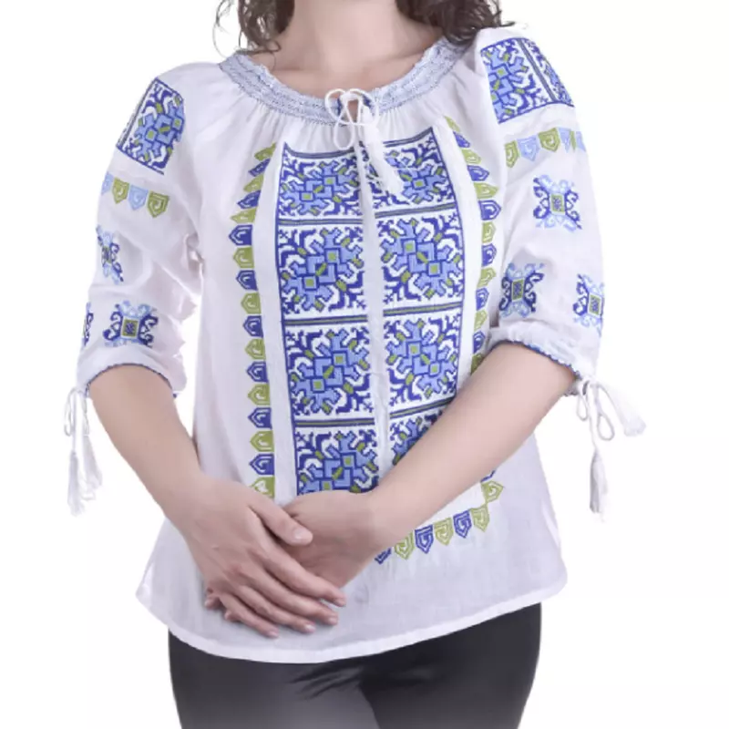 Bluza Tip Ie Traditionala Alba cu Motiv Geometric Albastru de Dama - IMS97