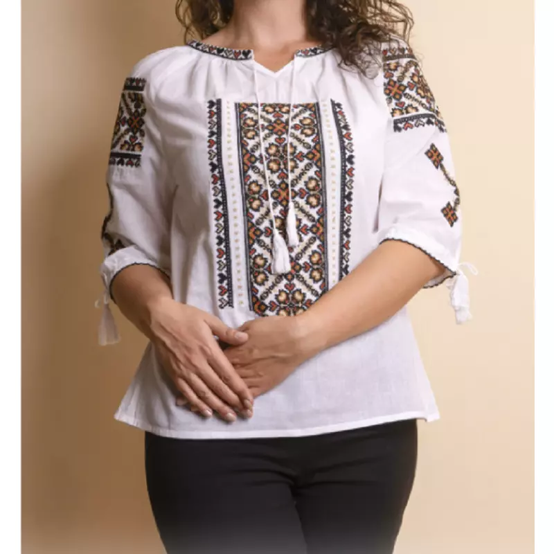 Bluza Tip Ie Traditionala Alba cu Motiv Floral Multicolor de Dama - IMS111