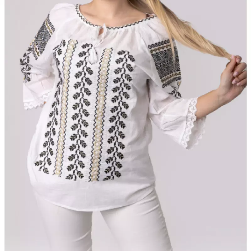 Bluza Tip Ie Traditionala Alba cu Motiv Floral Negru de Dama - IMS116