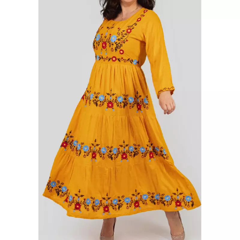 Rochie traditionala galbena cu motiv floral multicolor - RTM57