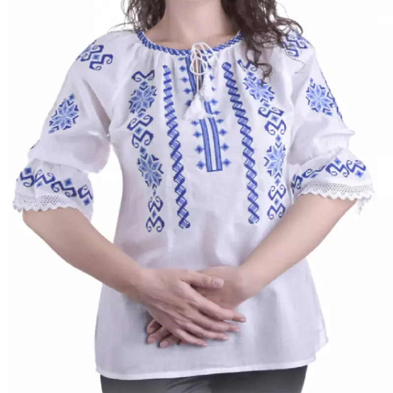 Bluza Tip Ie Traditionala Alba cu Motiv Geometric Albastru de Dama - IMS95