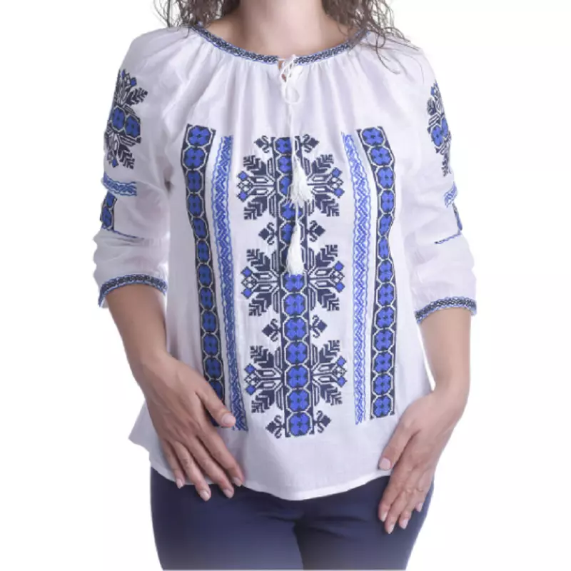Bluza Tip Ie Traditionala Alba cu Motiv Geometric Albastru de Dama - IMS100