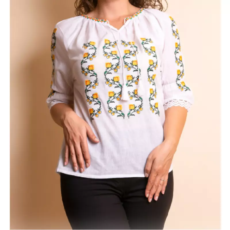 Bluza Tip Ie Traditionala Alba cu Motiv Floral Galben de Dama - IMS110