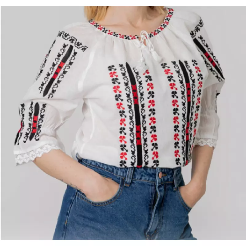 Bluza Tip Ie Traditionala Alba cu Motiv Geometric Multicolor de Dama - IMS59