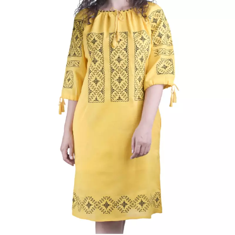 Rochie traditionala midi galbena cu motiv geometric negru - RTM47