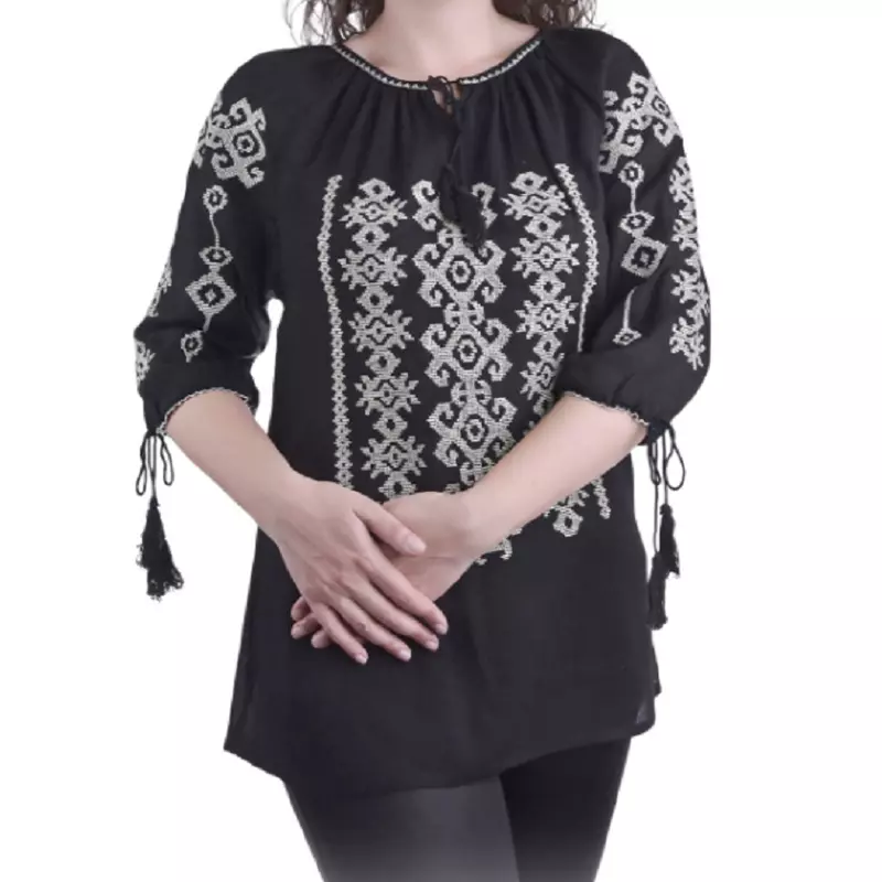 Bluza Tip Ie Traditionala Neagra cu Motiv Geometric Gri de Dama - IMS94