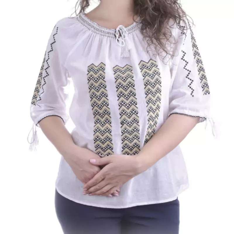 Bluza Tip Ie Traditionala Alba cu Motiv Geometric Auriu de Dama - IMS88