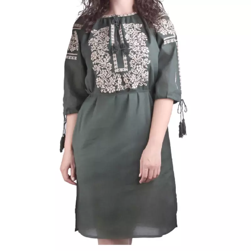 Rochie traditionala midi verde cu motiv floral crem - RTM48