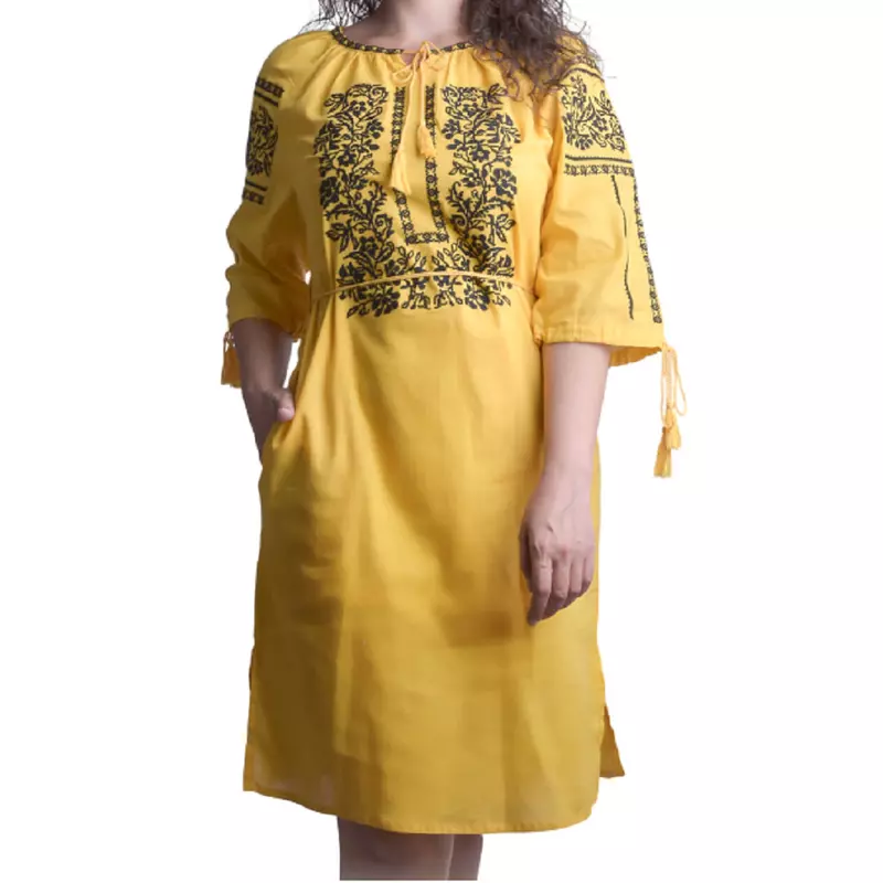 Rochie traditionala midi galbena cu motiv floral negru - RTM54