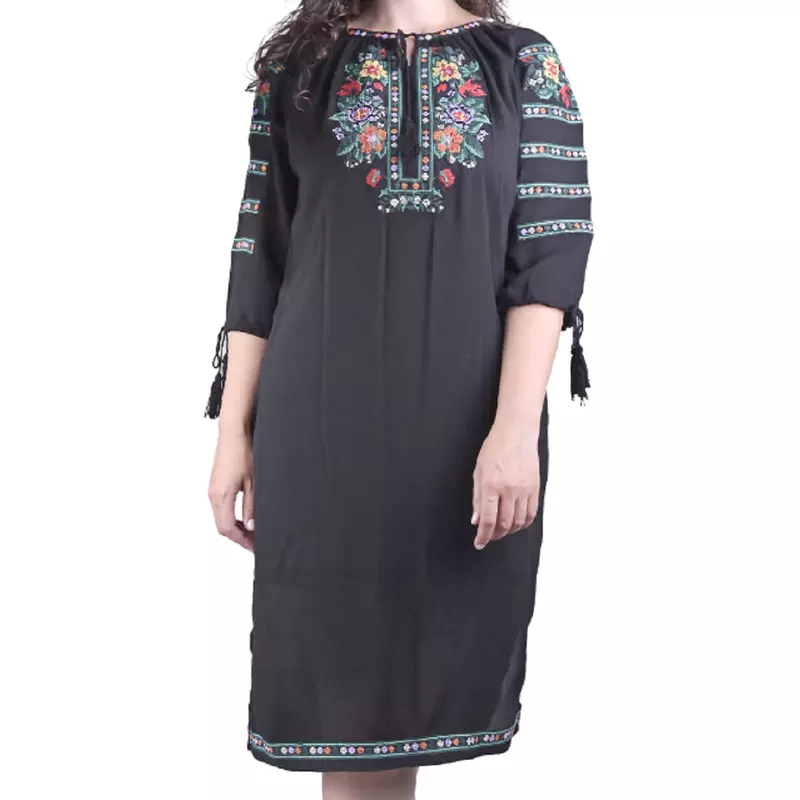 Rochie traditionala midi neagra cu motiv floral multicolor - RTM52