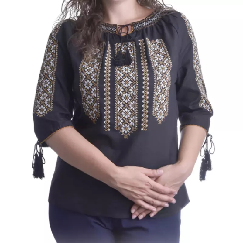 Bluza Tip Ie Traditionala Neagra cu Motiv Geometric Multicolor de Dama - IMS105