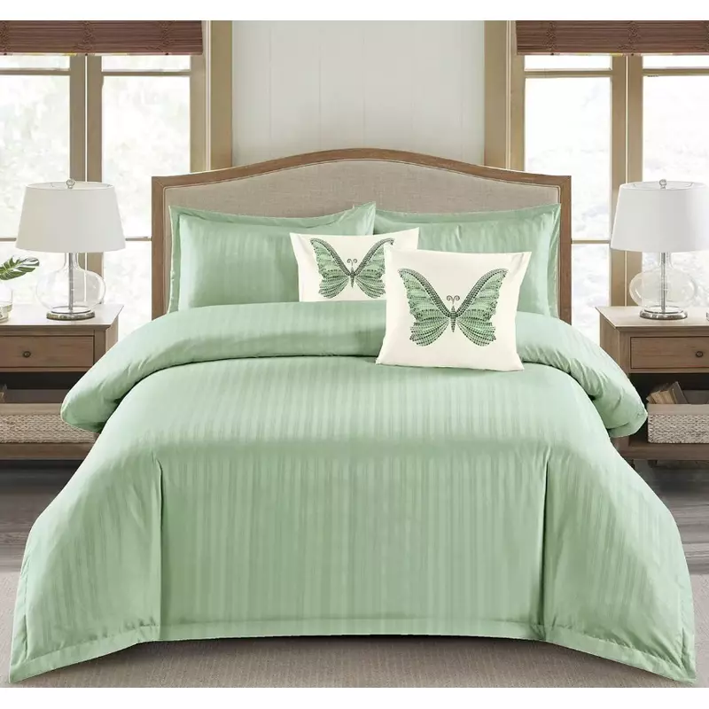 Lenjerie de Pat Dublu Cu Elastic - 100% Bumbac Damasc 6 Piese- VERDE PAL -CPL33