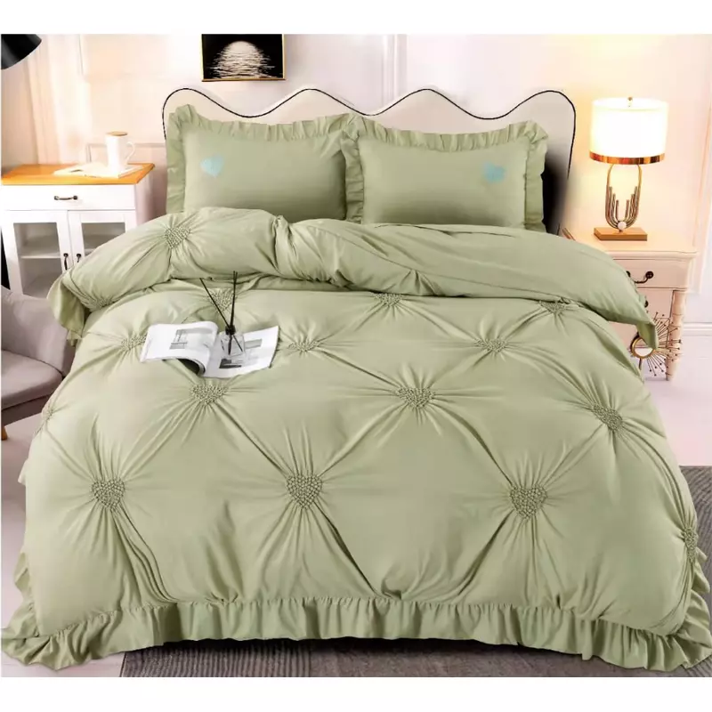 Lenjerie de Pat Finet, Pliuri Brodate, 4 piese, Verde - EAT87