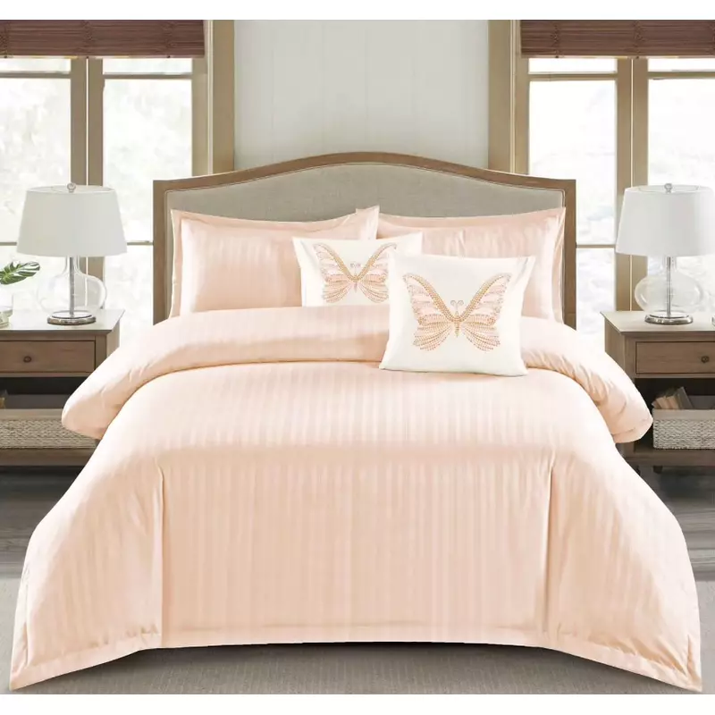 Lenjerie de Pat Dublu Cu Elastic - 100% Bumbac Damasc 6 Piese- CORAL DESCHIS - CPL35