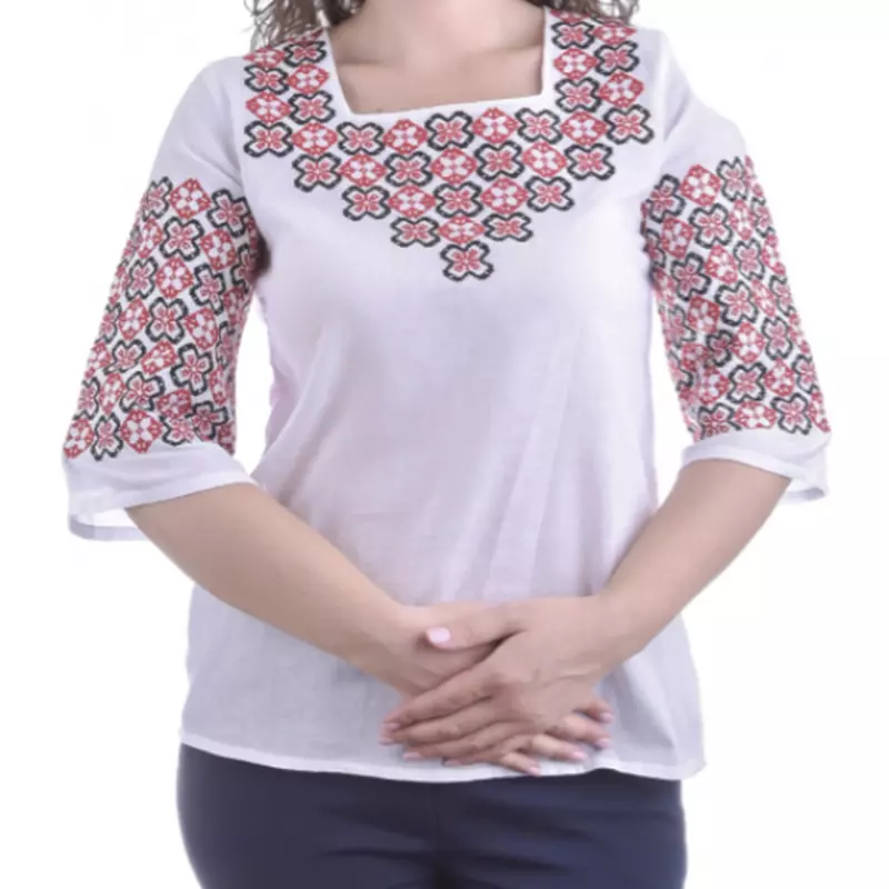 Bluza Alba cu Motiv Floral Rosu - BMG156