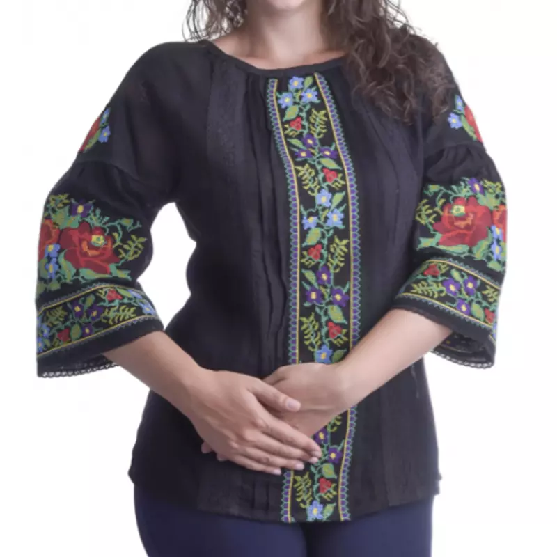 Bluza Neagra cu Motiv Floral Multicolor - BMG169