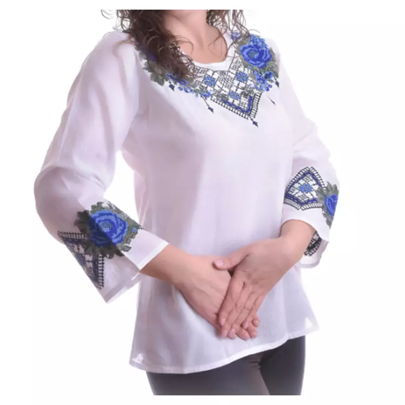 Bluza Traditionala Alba cu Motiv Floral Albastru - BMG110