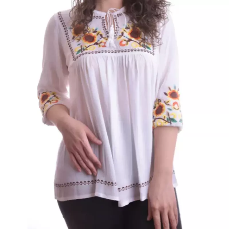 Bluza Traditionala Alba cu Motiv Floral Multicolor - BMG112