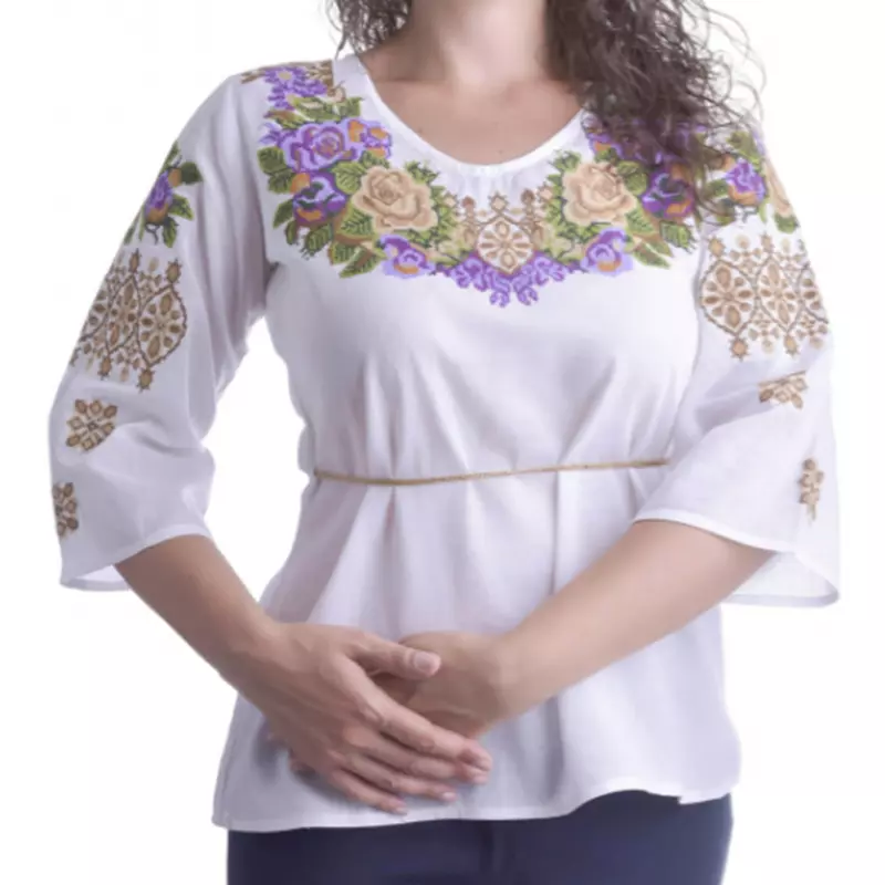 Bluza Traditionala Alba cu Motiv Floral Multicolor - BMG166
