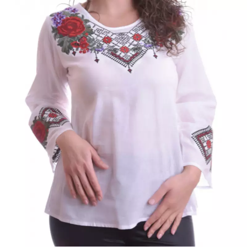 Bluza Traditionala Alba cu Motiv Floral Rosu - BMG111