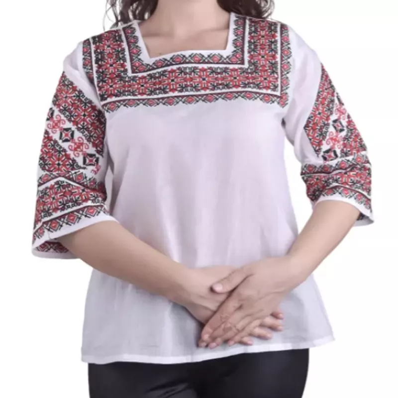 Bluza Traditionala Alba cu Motiv Geometric Rosu - BMG165