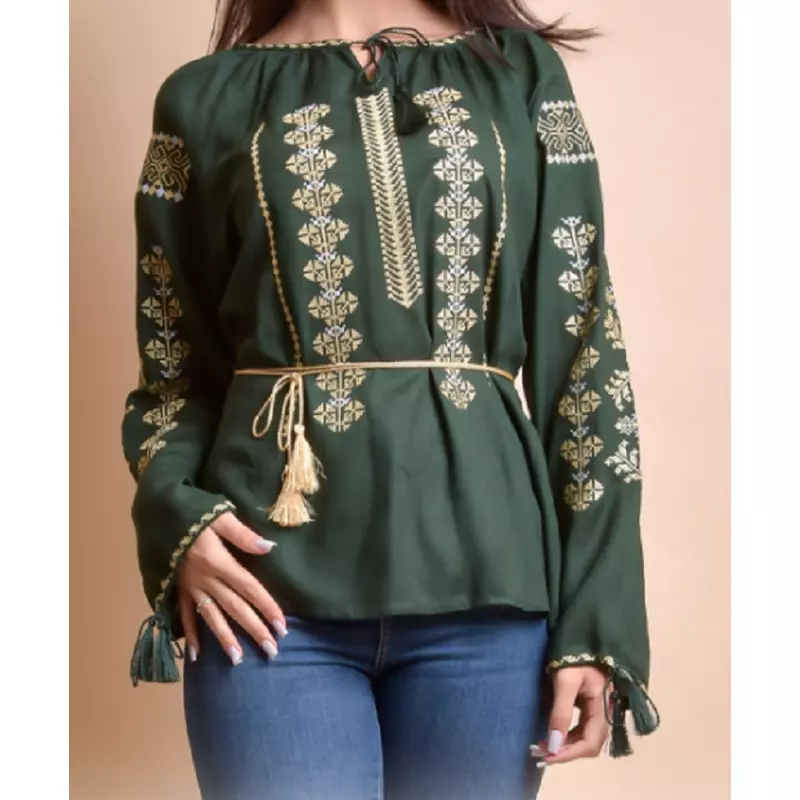 Bluza verde cu motiv geometric auriu - BMG129