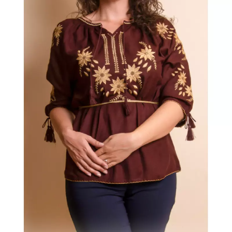 Bluza maro cu motiv floral auriu - BMG131