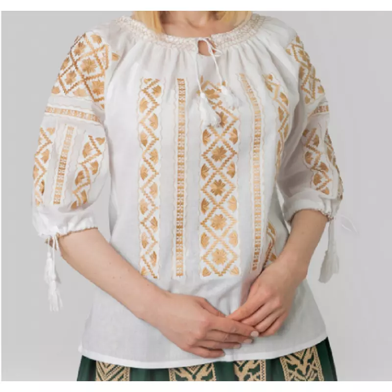 Bluza Tip Ie Traditionala Alba cu Motiv Floral Auriu de Dama - IMS130