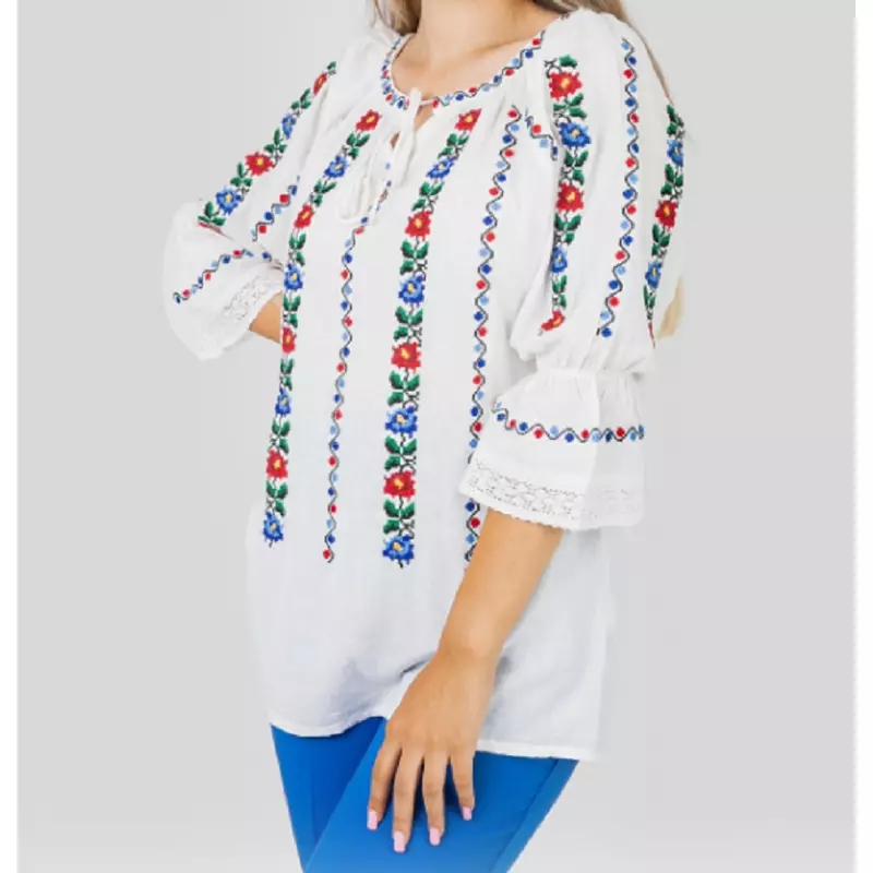 Bluza Tip Ie Traditionala Rosie cu Motiv Floral Multicolor de Dama - IMS146