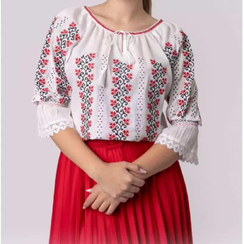 Bluza Tip Ie Traditionala Alba cu Motiv Floral Rosu de Dama - IMS118