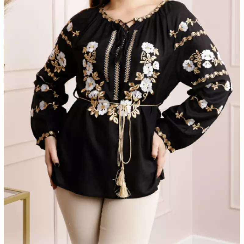Bluza Neagra cu Motiv Floral Alb - BMG172