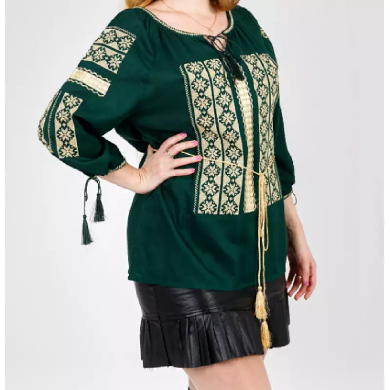 Bluza Verde cu Motiv Floral Auriu - BMG182