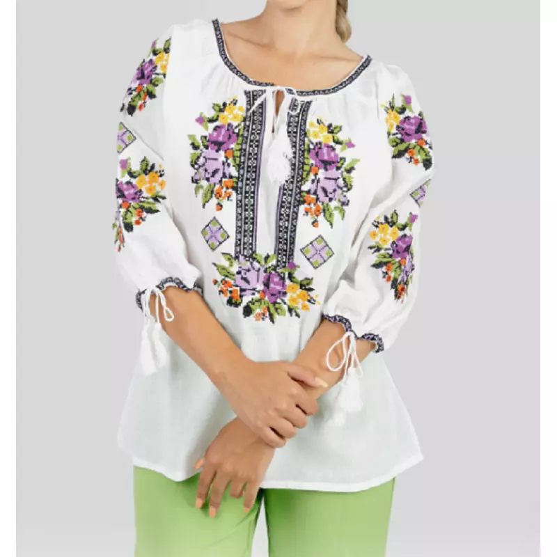 Bluza Tip Ie Traditionala Alba cu Motiv Floral Multicolor de Dama - IMS163