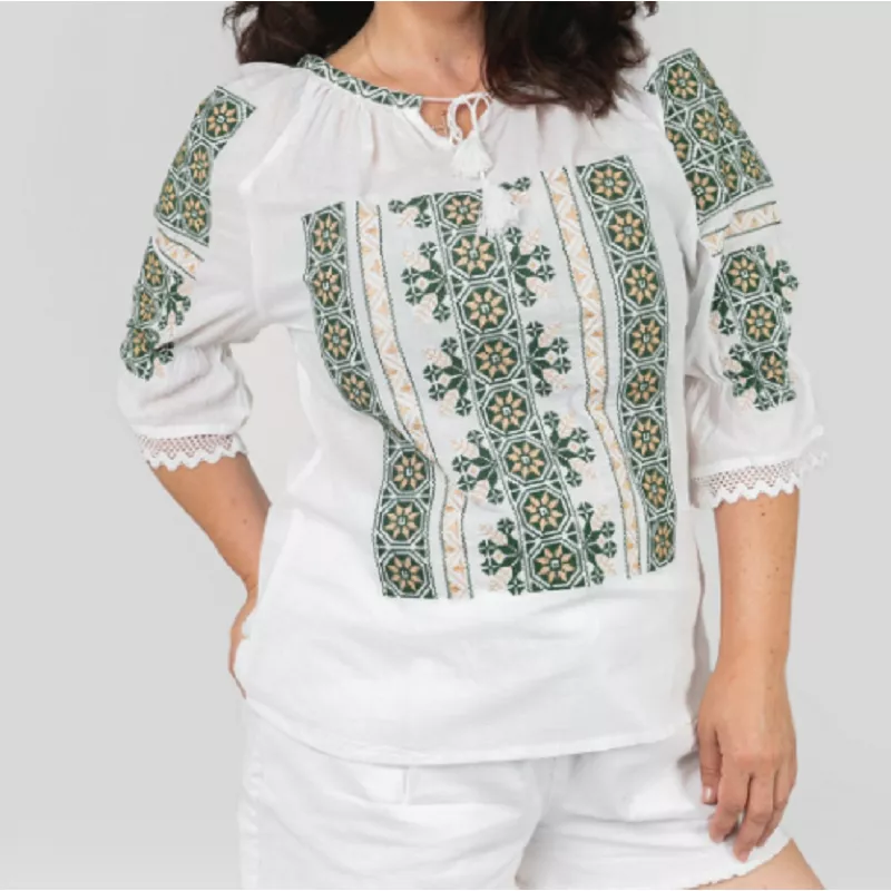 Bluza Tip Ie Traditionala Alba cu Motiv Floral Verde de Dama - IMS140