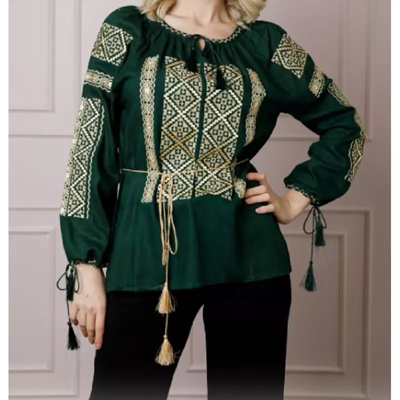 Bluza Verde cu Motiv Geometric Auriu - BMG174