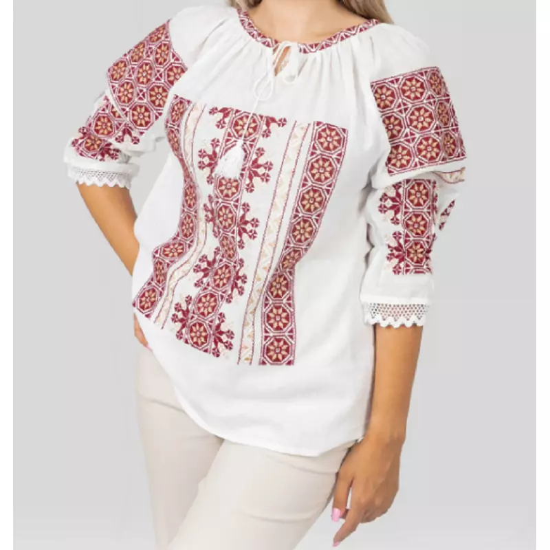 Bluza Tip Ie Traditionala Alba cu Motiv Floral Rosu de Dama - IMS134