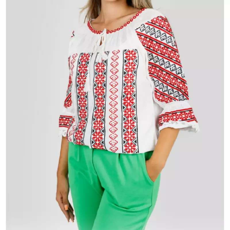 Bluza Tip Ie Traditionala Alba cu Motiv Geometric Rosu de Dama - IMS159