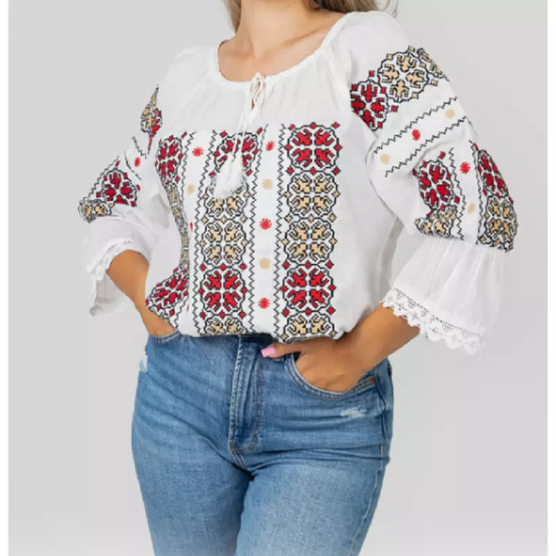 Bluza Tip Ie Traditionala Alba cu Motiv Floral Multicolor de Dama - IMS136