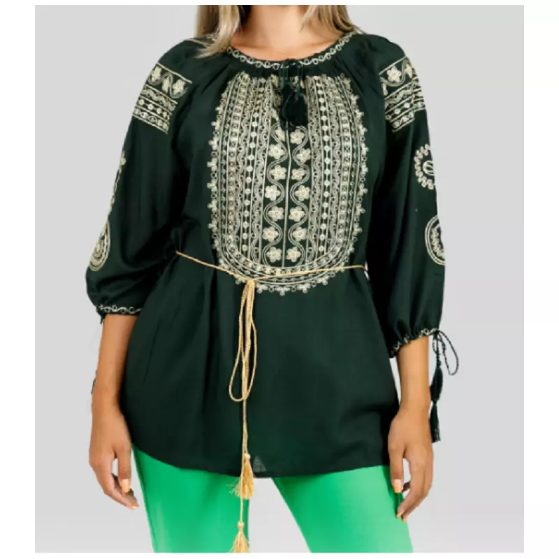 Bluza verde cu motiv floral auriu - BMG144