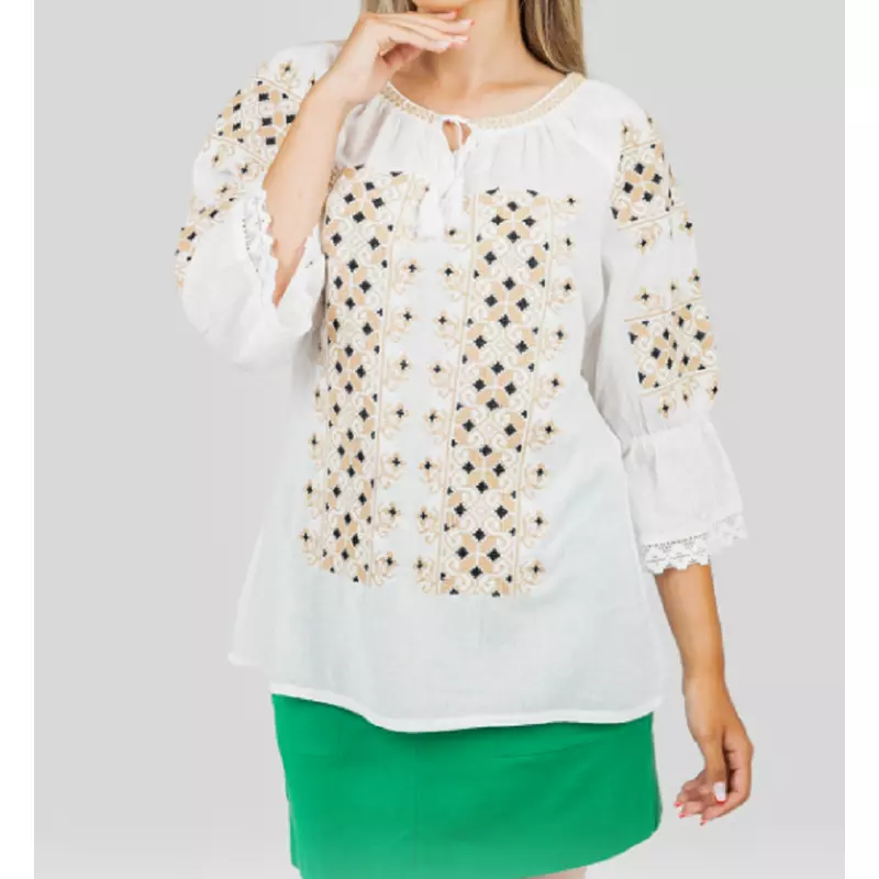Bluza Tip Ie Traditionala Alba cu Motiv Geometric Crem de Dama - IMS149
