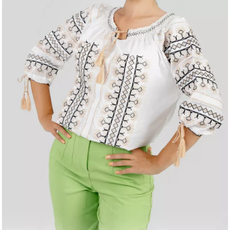 Bluza Tip Ie Traditionala Alba cu Motiv Geometric Crem de Dama - IMS162