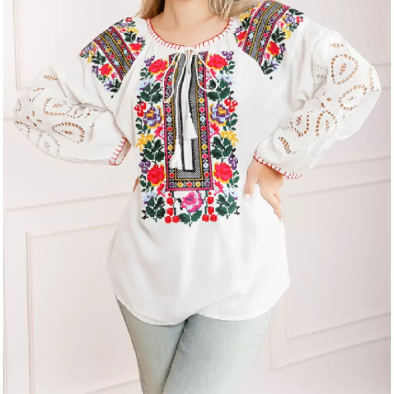 Bluza Alba cu Motiv Floral Multicolor - BMG171