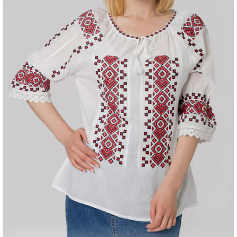 Bluza Tip Ie Traditionala Alba cu Motiv Geomtric Rosu de Dama - IMS127