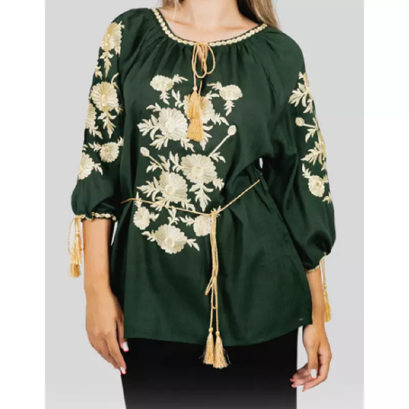 Bluza verde cu motiv floral auriu - BMG146