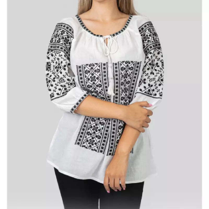 Bluza Tip Ie Traditionala Alba cu Motiv Geometric Negru de Dama - IMS133
