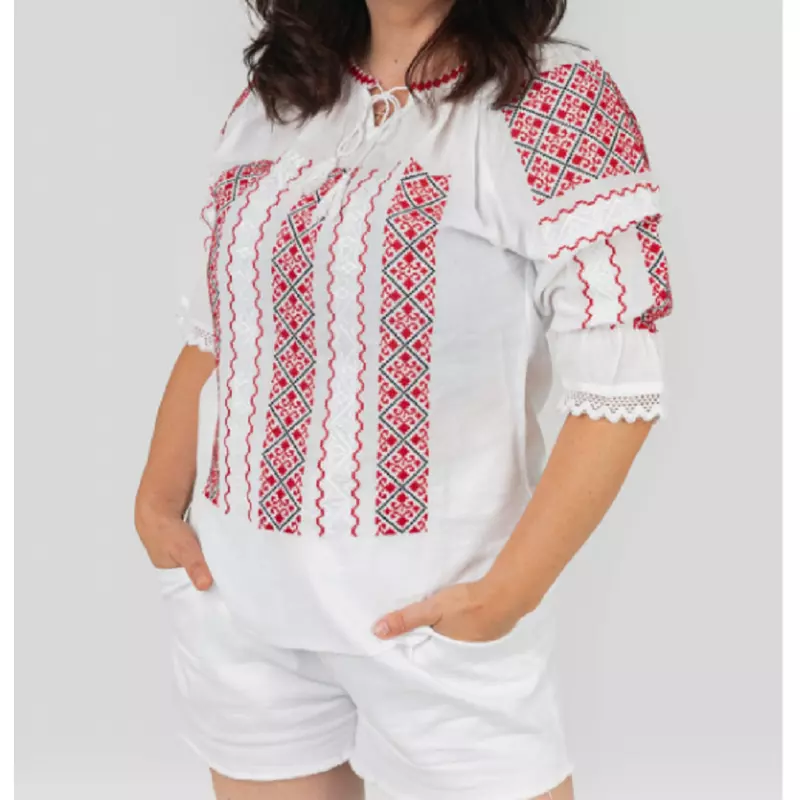 Bluza Tip Ie Traditionala Alba cu Motiv Geometric Rosu de Dama - IMS139
