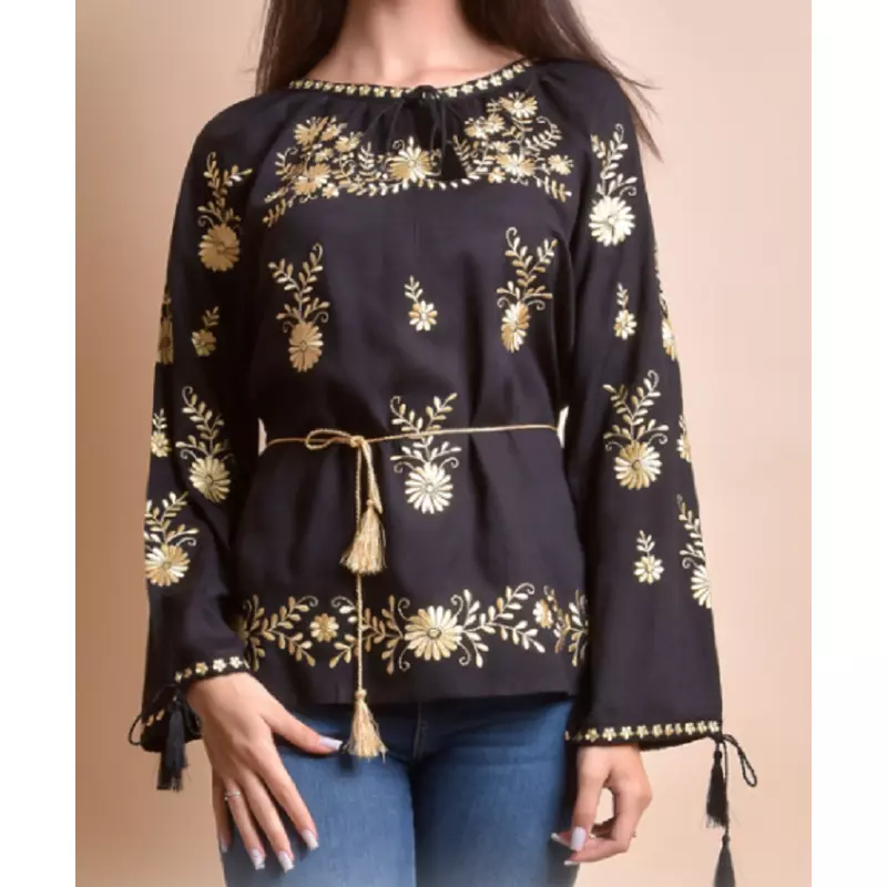 Bluza neagra cu motiv floral auriu - BMG128
