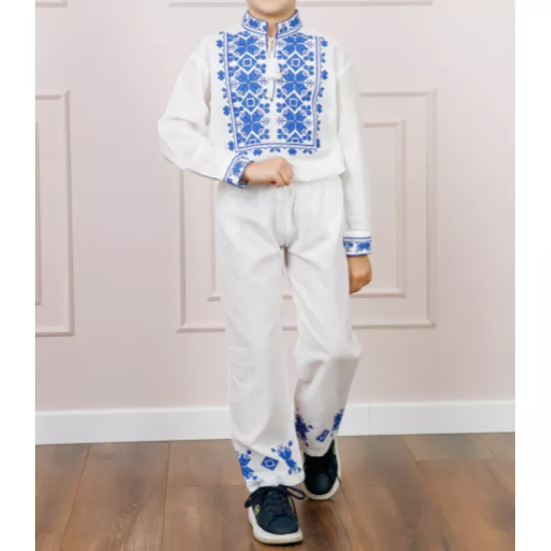 Compleu Traditional Alb pentru Baieti cu motiv Geometric Albastru - ITB40