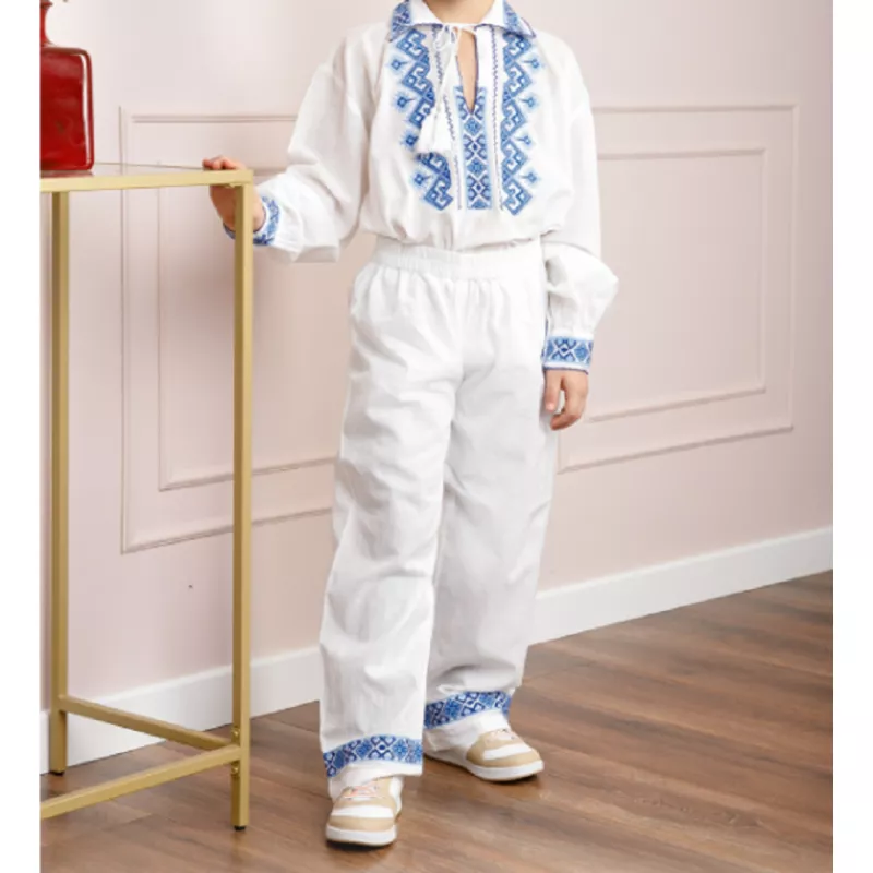 Compleu Traditional Alb pentru Baieti cu Motiv Geometric Albastru - IMS27