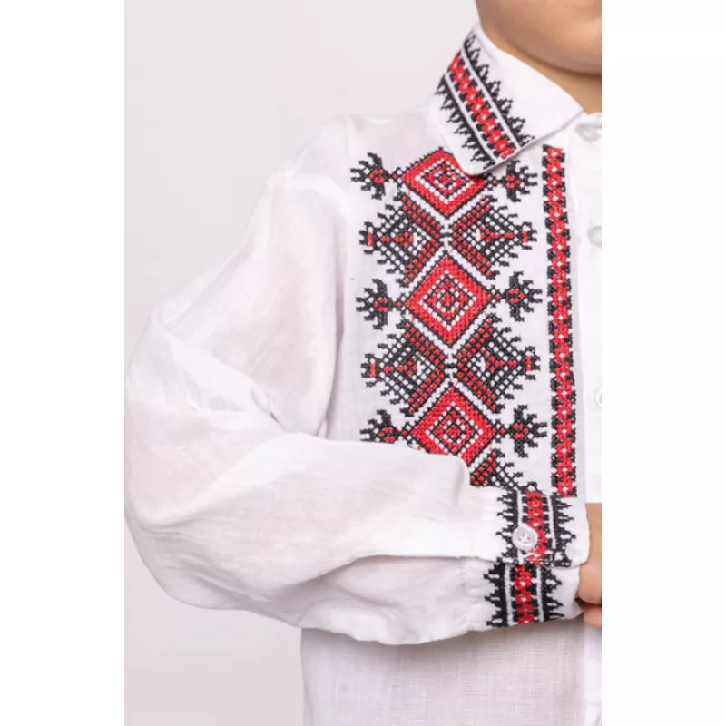 Camasa Traditionala de Baieti Alba cu Motiv Geometric Rosu - ITB38